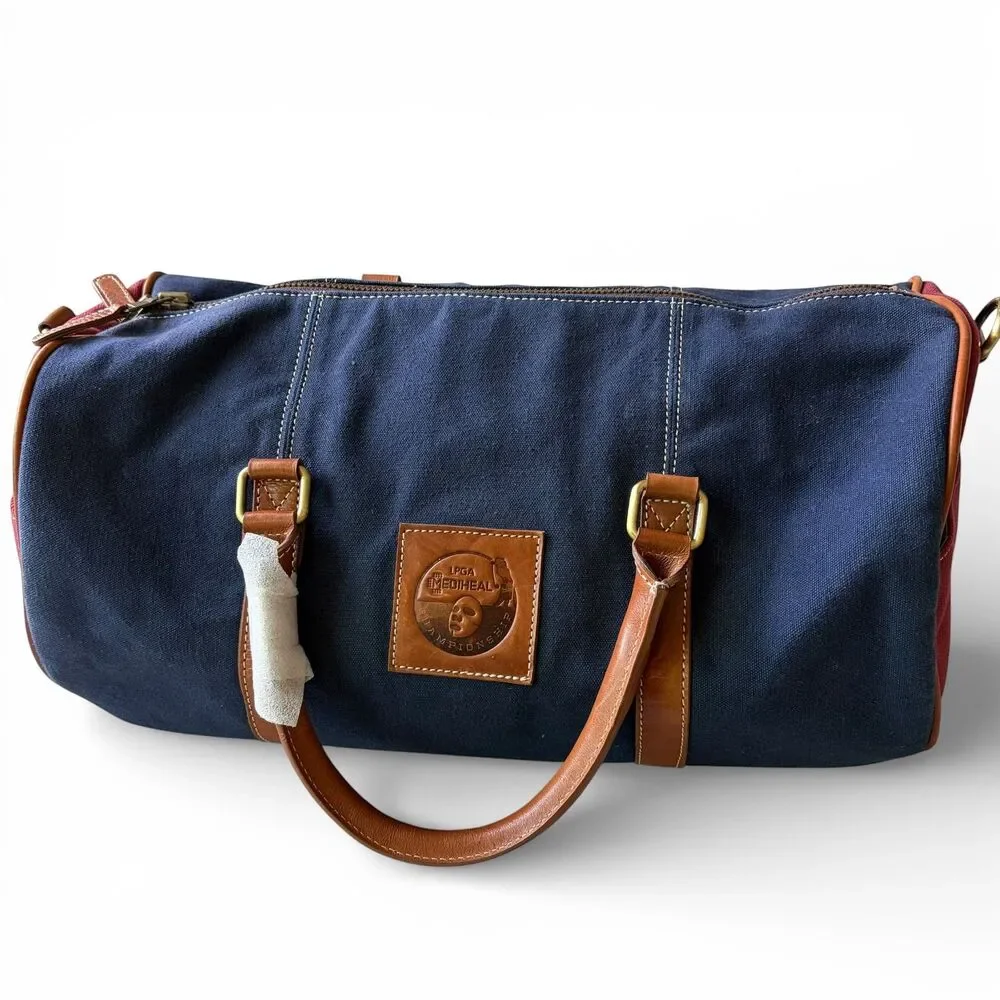 New F.H. Wadsworth NYC Brown Leather Trim Zip Duffle Bag Blue Red Fabric Luggage